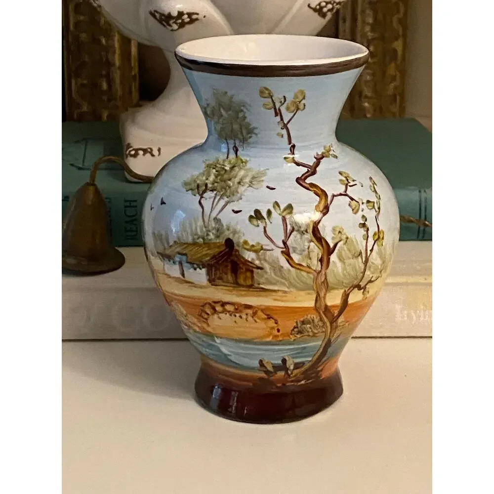 Vintage handpainted Spanish vase Cottage scene 20th Century